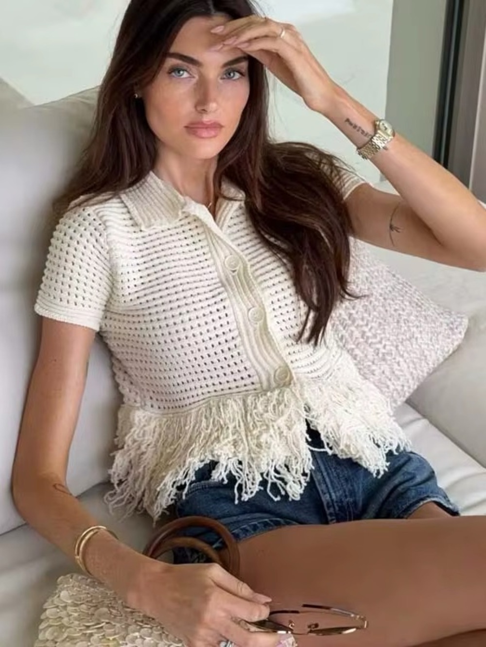 Like new Cream Crochet Fringe Short-Sleeve Sweater Cardigan - Picture 2 of 8